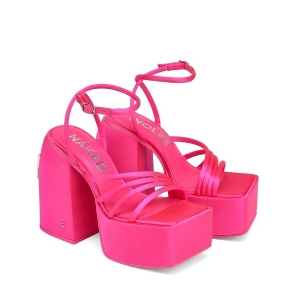 NEW! Naked Wolfe- Jennie Hot Pink Satin Platform Sandals With Heels Size 9 - Picture 1 of 15